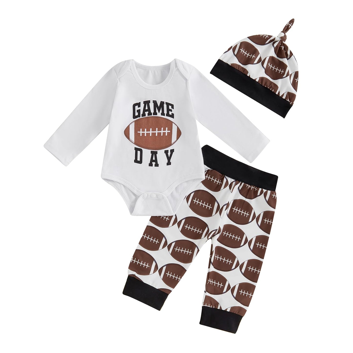 Newborn Baby Boy Fall/Winter Clothing | 3Pcs Long Sleeve Romper | Tops with Pants Infant | Coming Home Clothes Outfit | White/Brown Newborn - # BAAA51210062