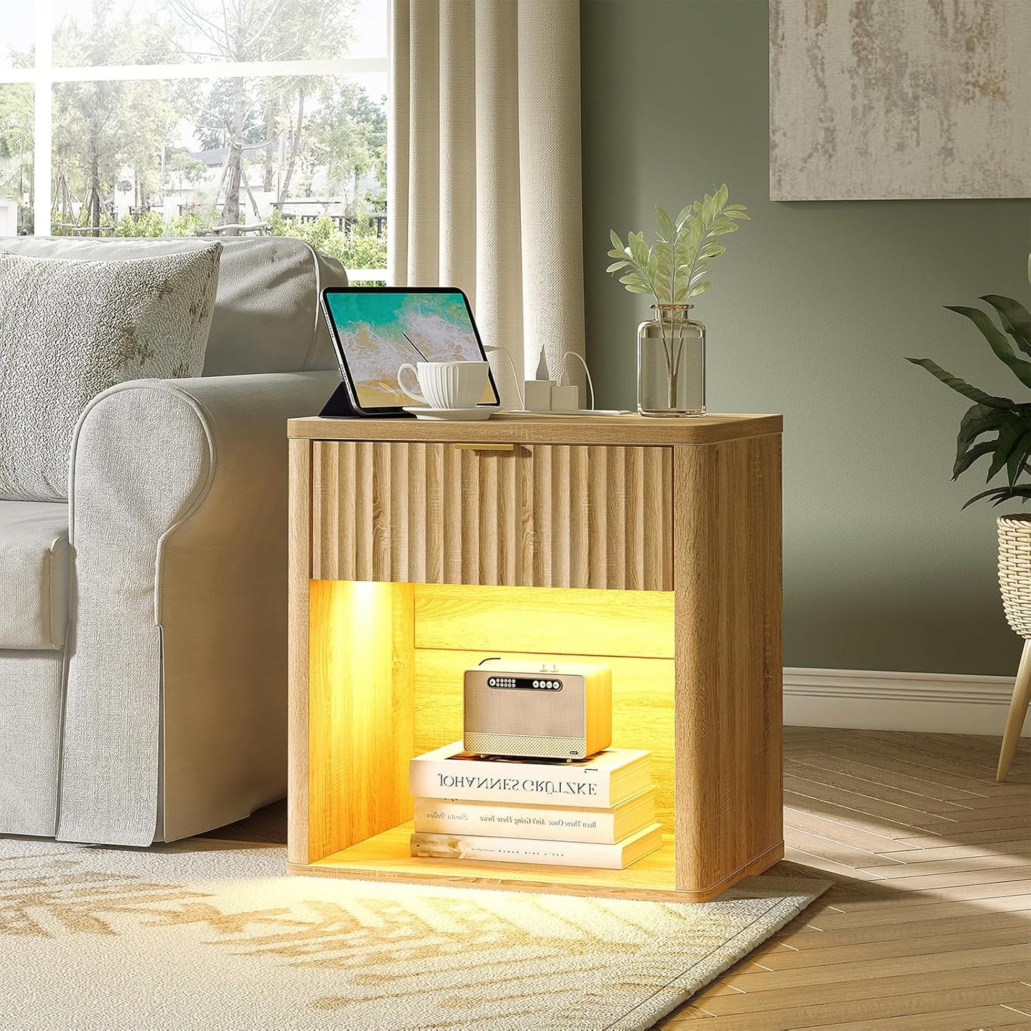 Vektaya US-NS001-NR Fluted Nightstands with LED & Charging Station, Drawer Side Tables, Oak