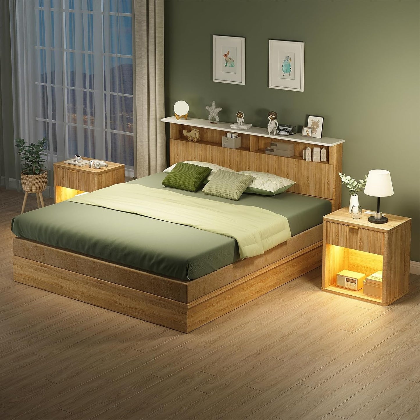 Vektaya US-NS001-NR Fluted Nightstands with LED & Charging Station, Drawer Side Tables, Oak