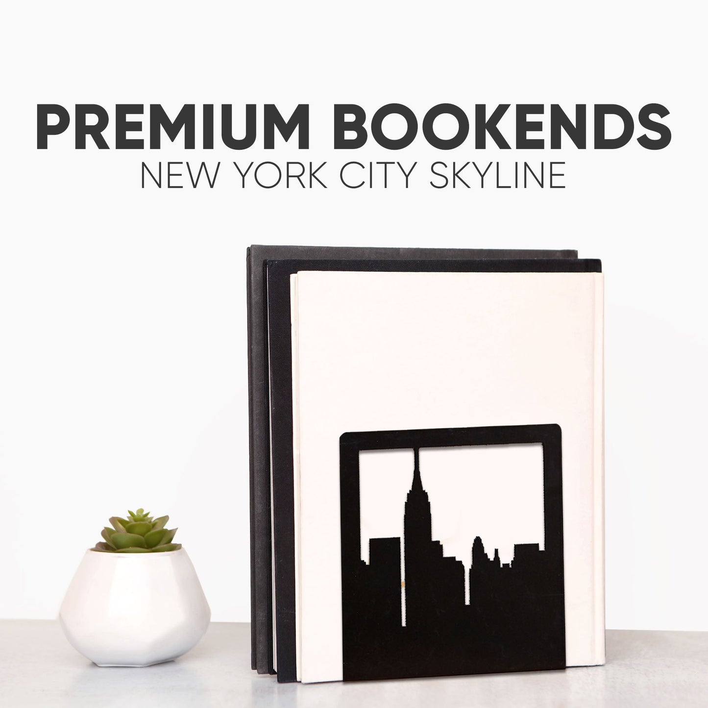 Sujetalibros del horizonte de Nueva York – Sujetalibros decorativos de metal de Geomod