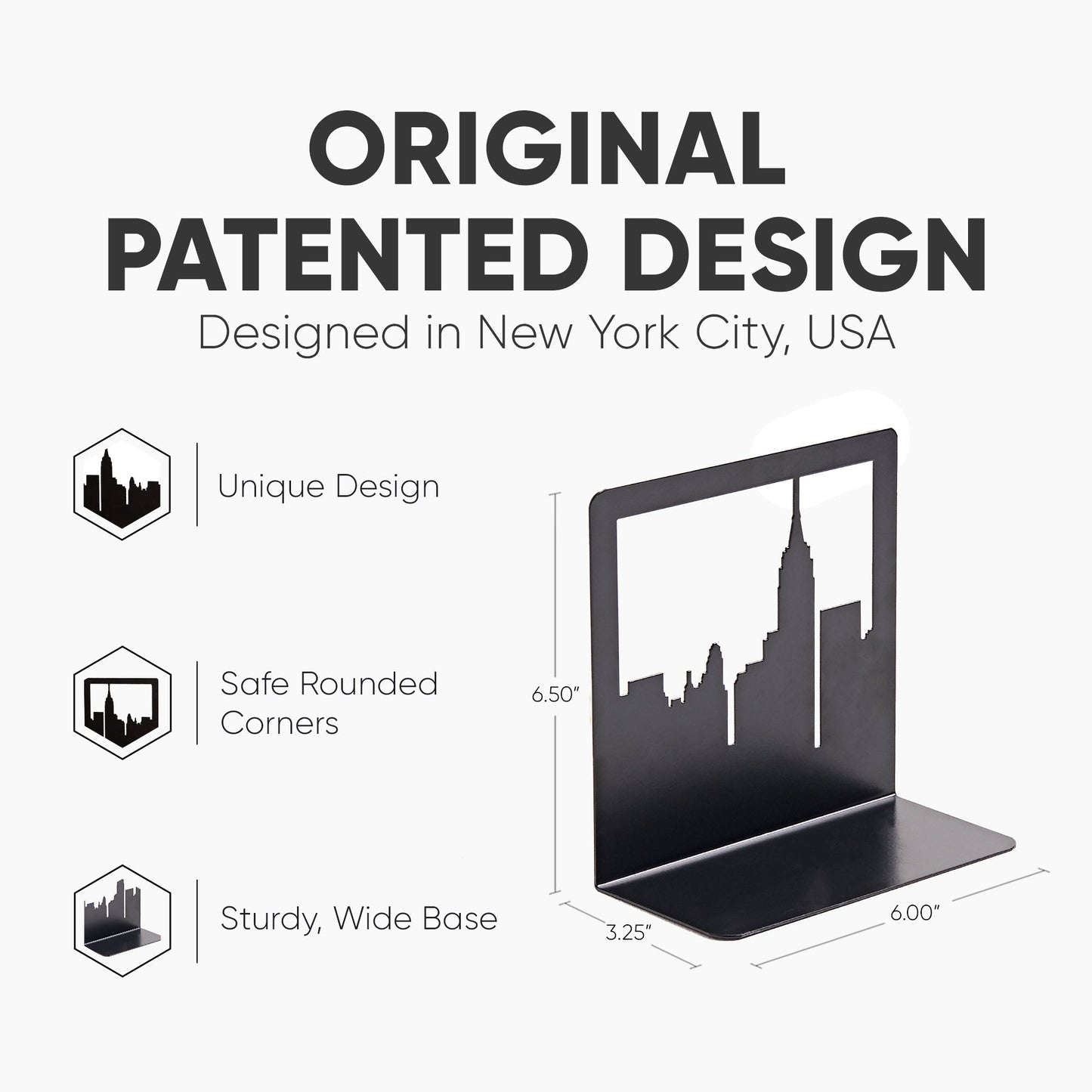Sujetalibros del horizonte de Nueva York – Sujetalibros decorativos de metal de Geomod