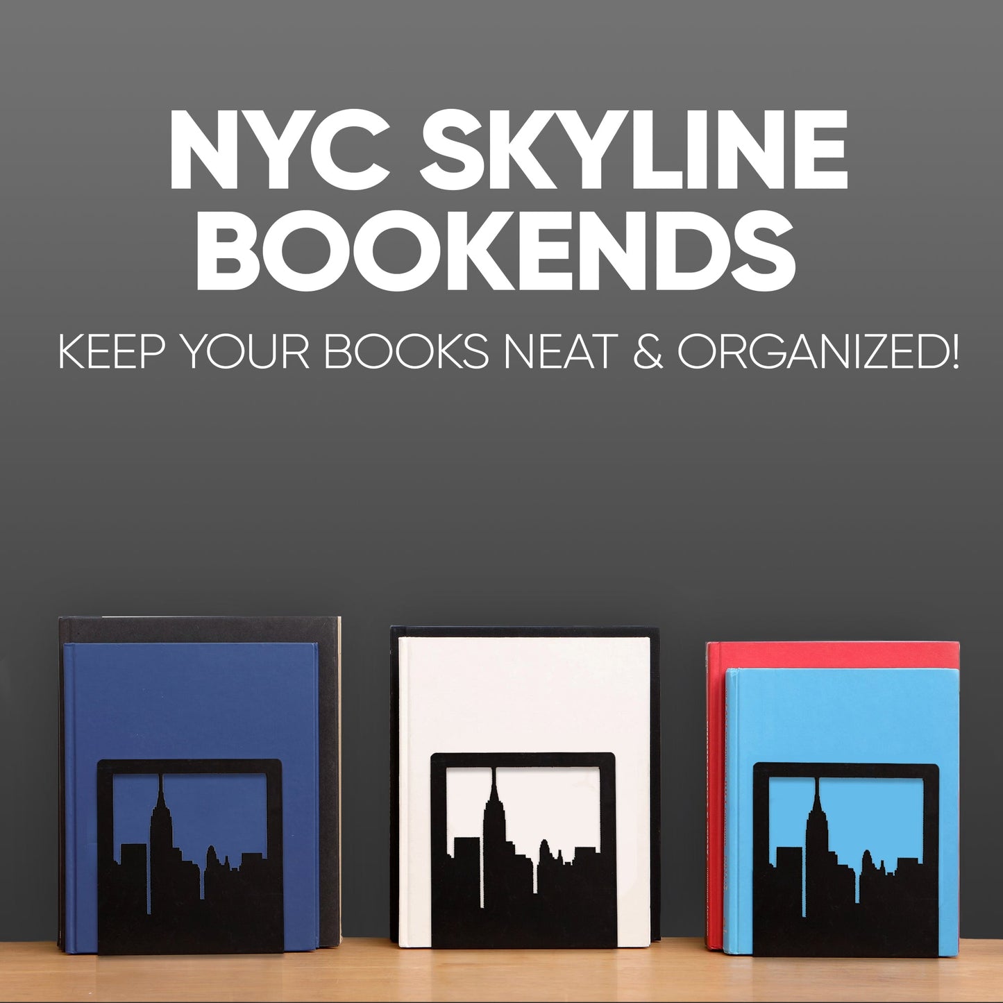 Sujetalibros del horizonte de Nueva York – Sujetalibros decorativos de metal de Geomod