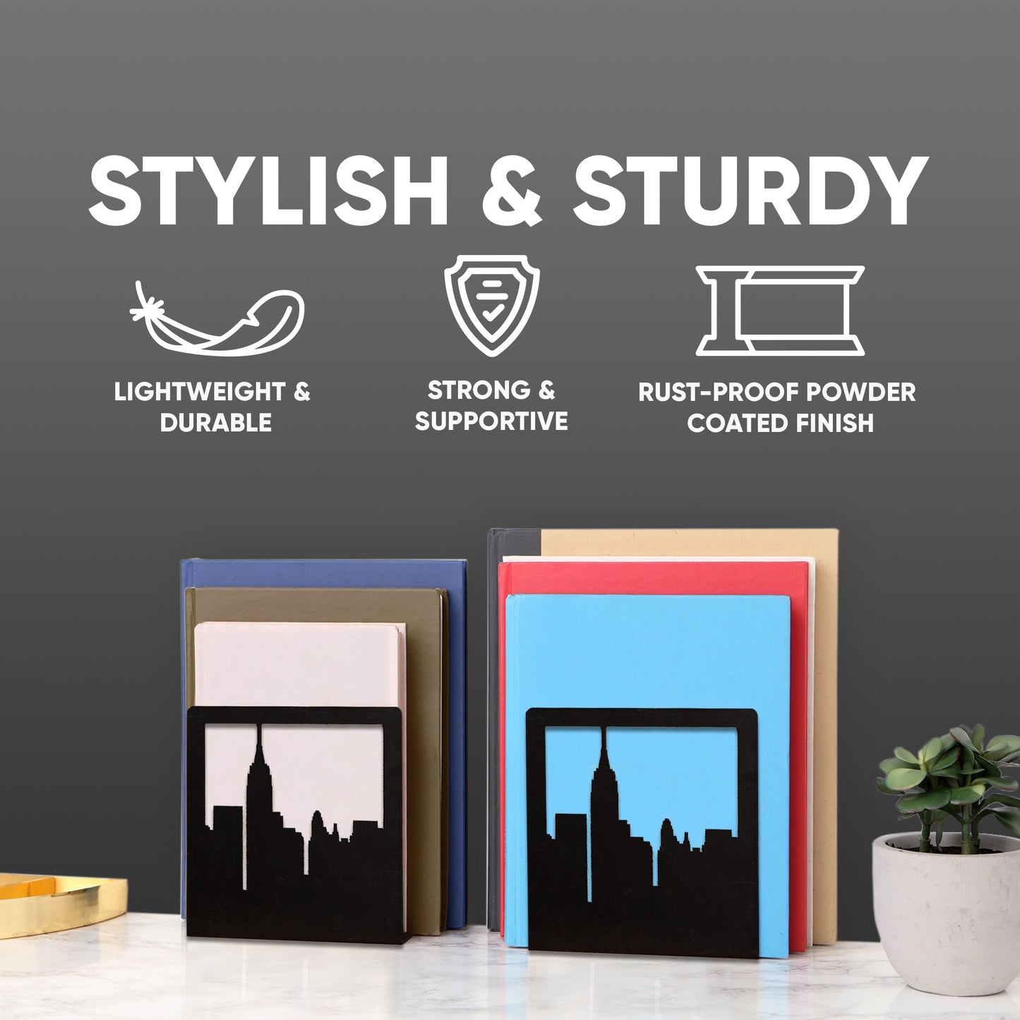 Sujetalibros del horizonte de Nueva York – Sujetalibros decorativos de metal de Geomod