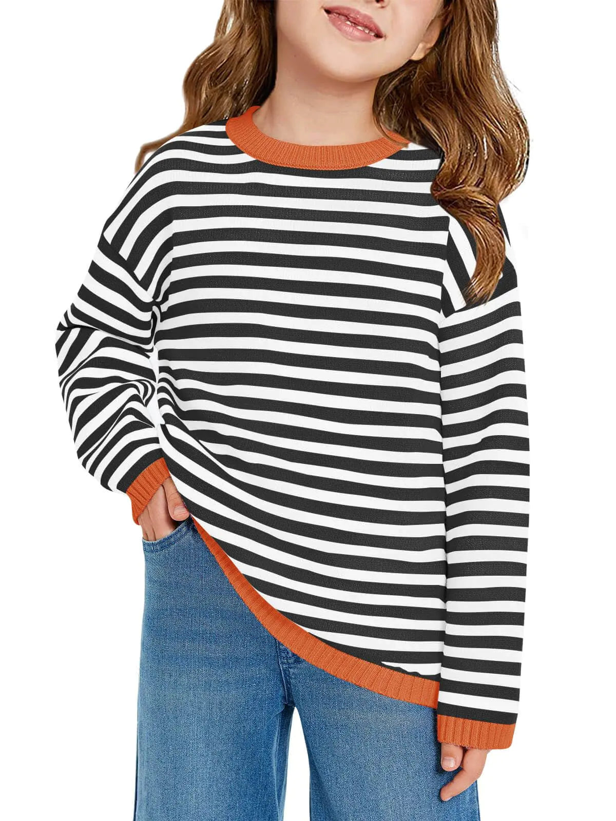Haloumoning Girls Sweaters Casual Long Sleeve Crewneck Striped Color Block Knit Pullover Tops 9-10 Years-Black - # GIAA22210009