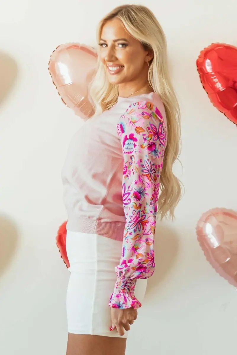 Sweaters Love Salve Pink Floral Smocked Top Women's Daily Wear Knit Top - Soft & Southern Belle