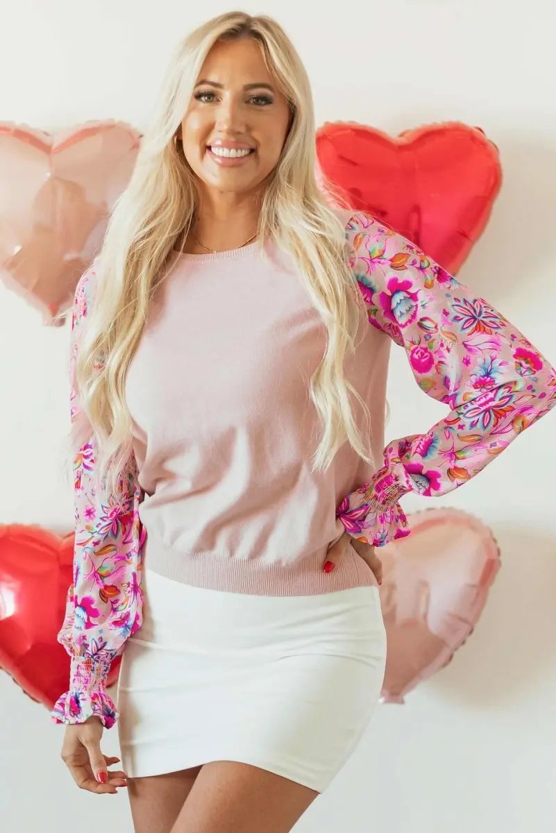 Sweaters Love Salve Pink Floral Smocked Top Women's Daily Wear Knit Top - Soft & Southern Belle
