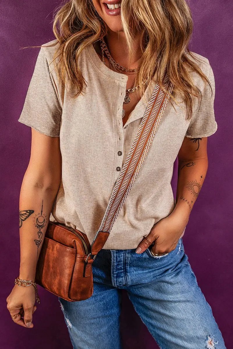 Sweaters Love Salve Oatmeal Ribbed Knit Women's Half Button Top Casual Tee Soft, Summer