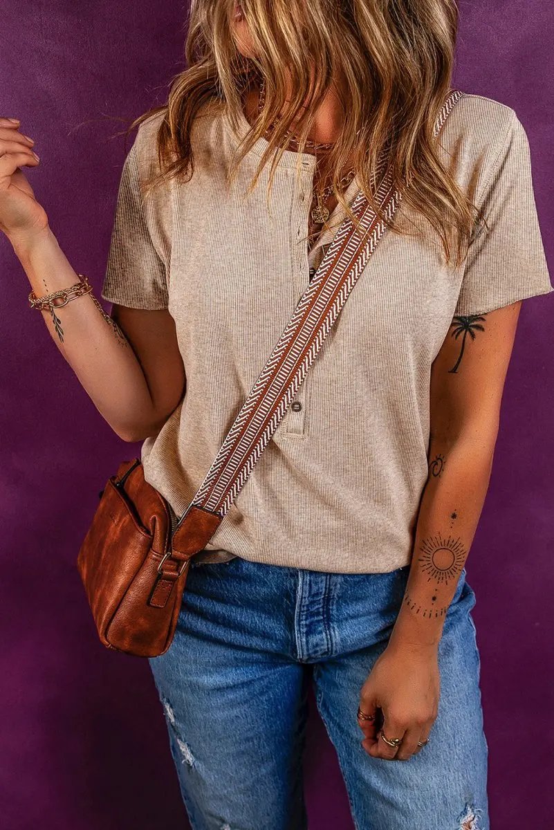 Sweaters Love Salve Oatmeal Ribbed Knit Women's Half Button Top Casual Tee Soft, Summer