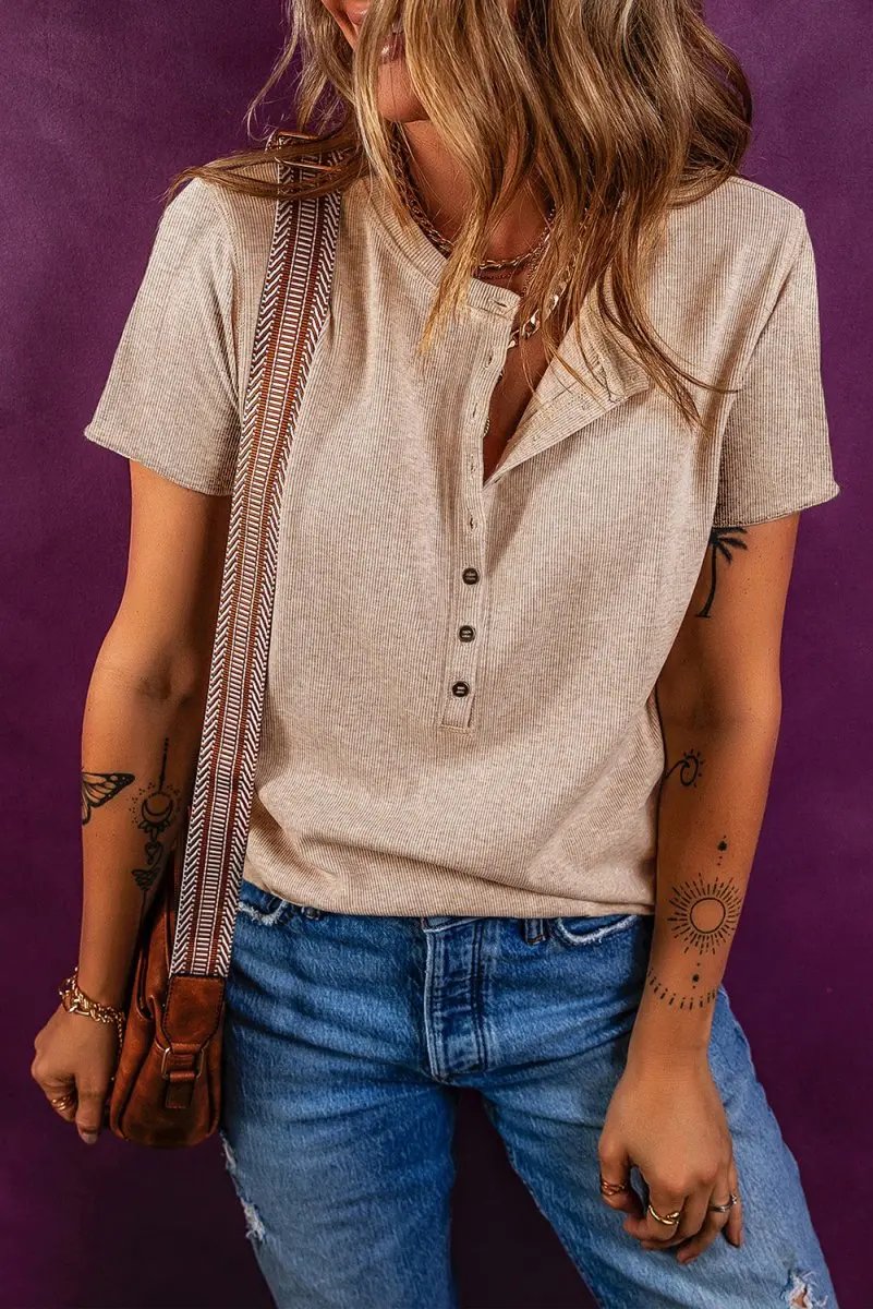 Sweaters Love Salve Oatmeal Ribbed Knit Women's Half Button Top Casual Tee Soft, Summer