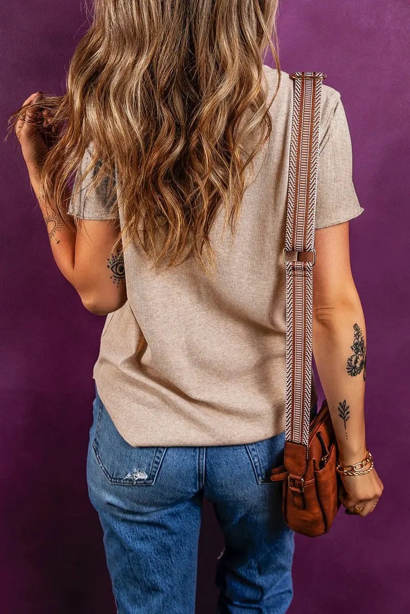 Sweaters Love Salve Oatmeal Ribbed Knit Women's Half Button Top Casual Tee Soft, Summer