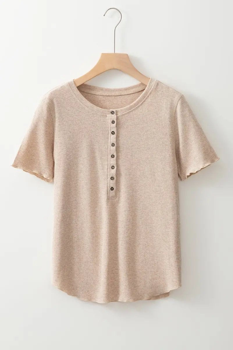 Sweaters Love Salve Oatmeal Ribbed Knit Women's Half Button Top Casual Tee Soft, Summer
