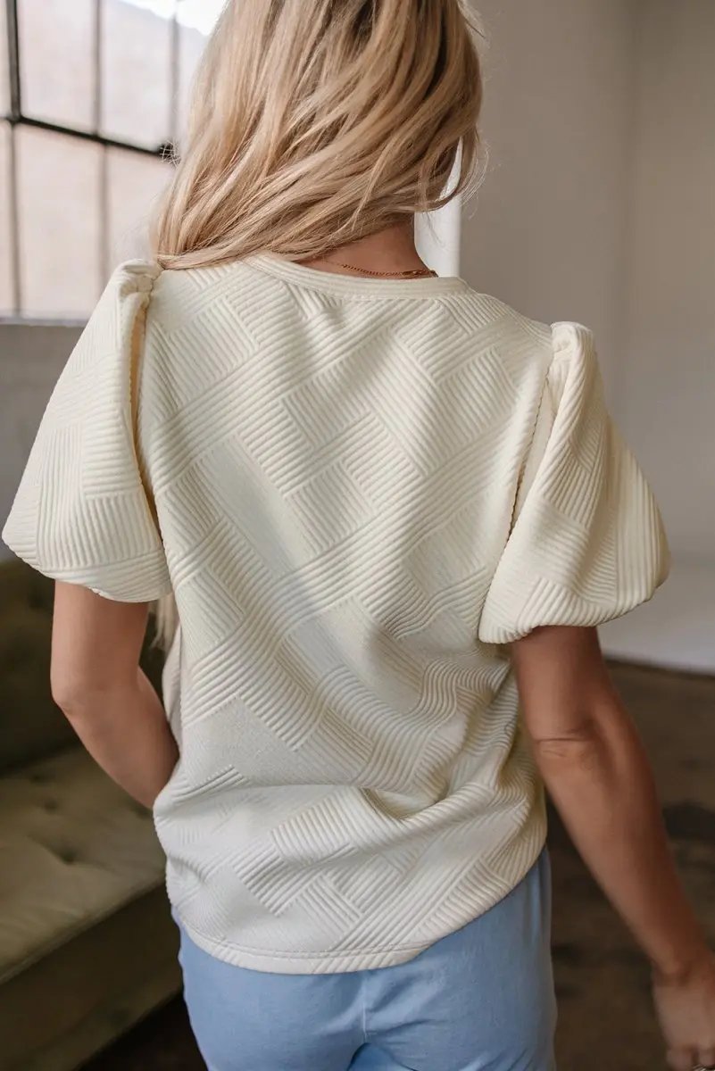 Activewear Love Salve Oatmeal Textured Tee Women's Casual Puff Sleeve T-Shirt - Soft & Stylish