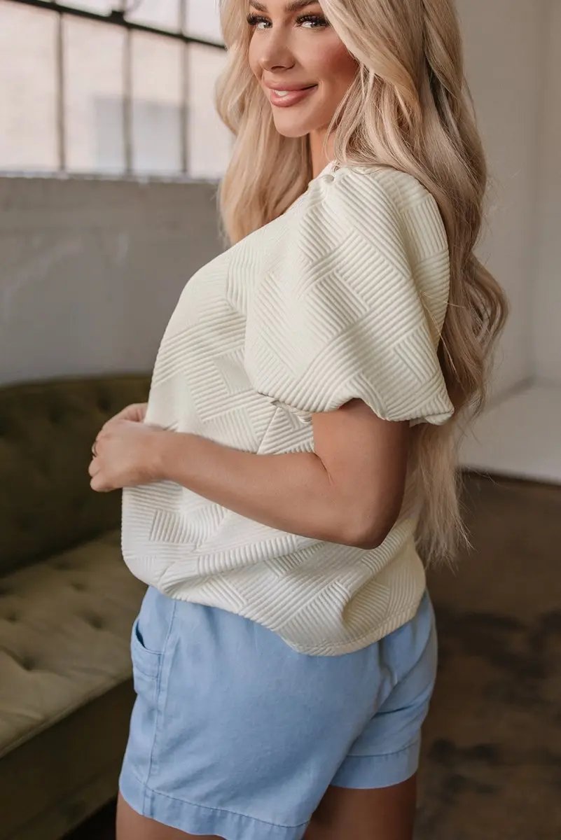 Activewear Love Salve Oatmeal Textured Tee Women's Casual Puff Sleeve T-Shirt - Soft & Stylish