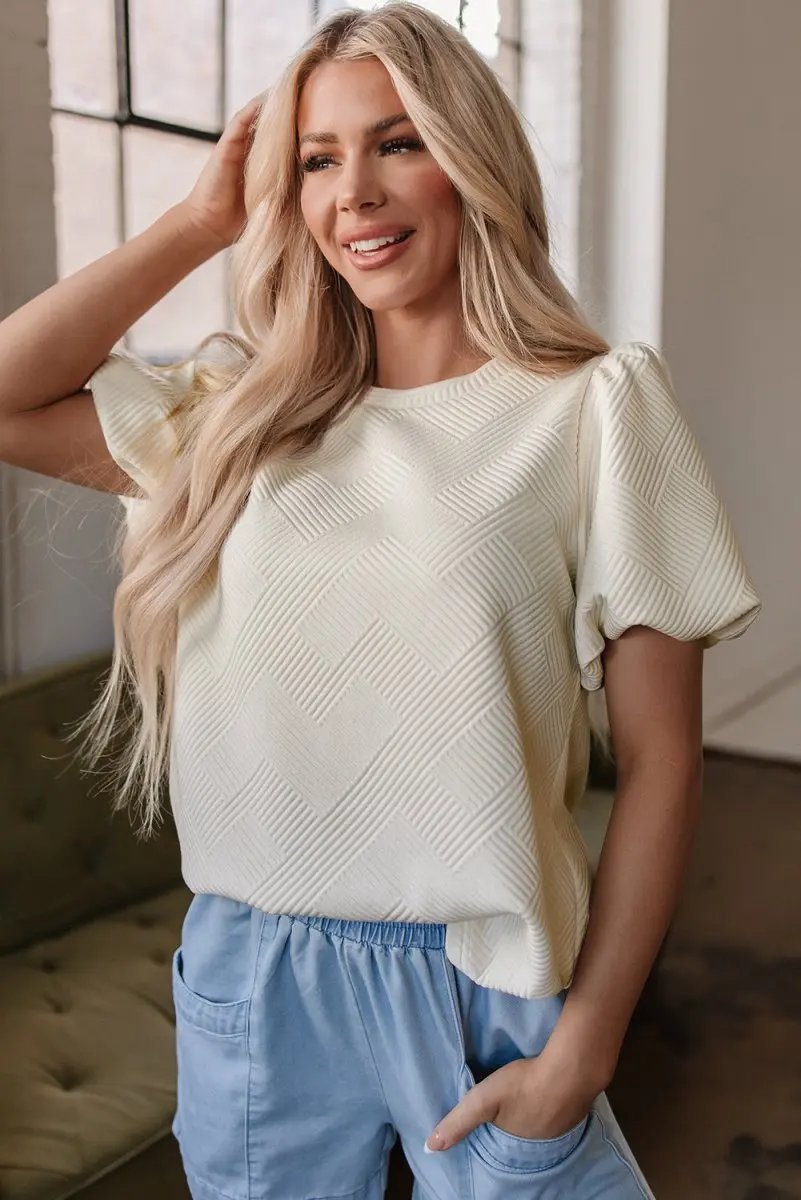 Activewear Love Salve Oatmeal Textured Tee Women's Casual Puff Sleeve T-Shirt - Soft & Stylish