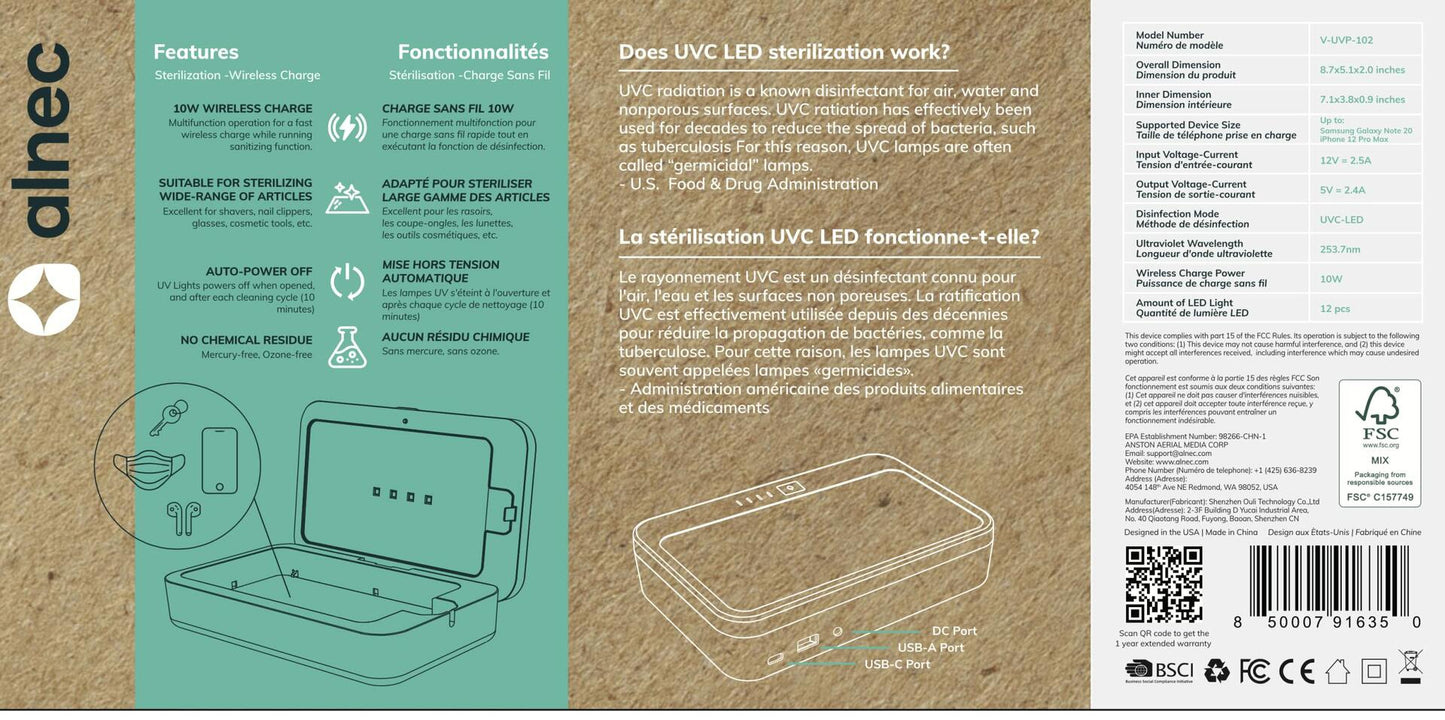 UV Sanitizer Box with Wireless Charger| Phone Screen Disinfecting (Brown)