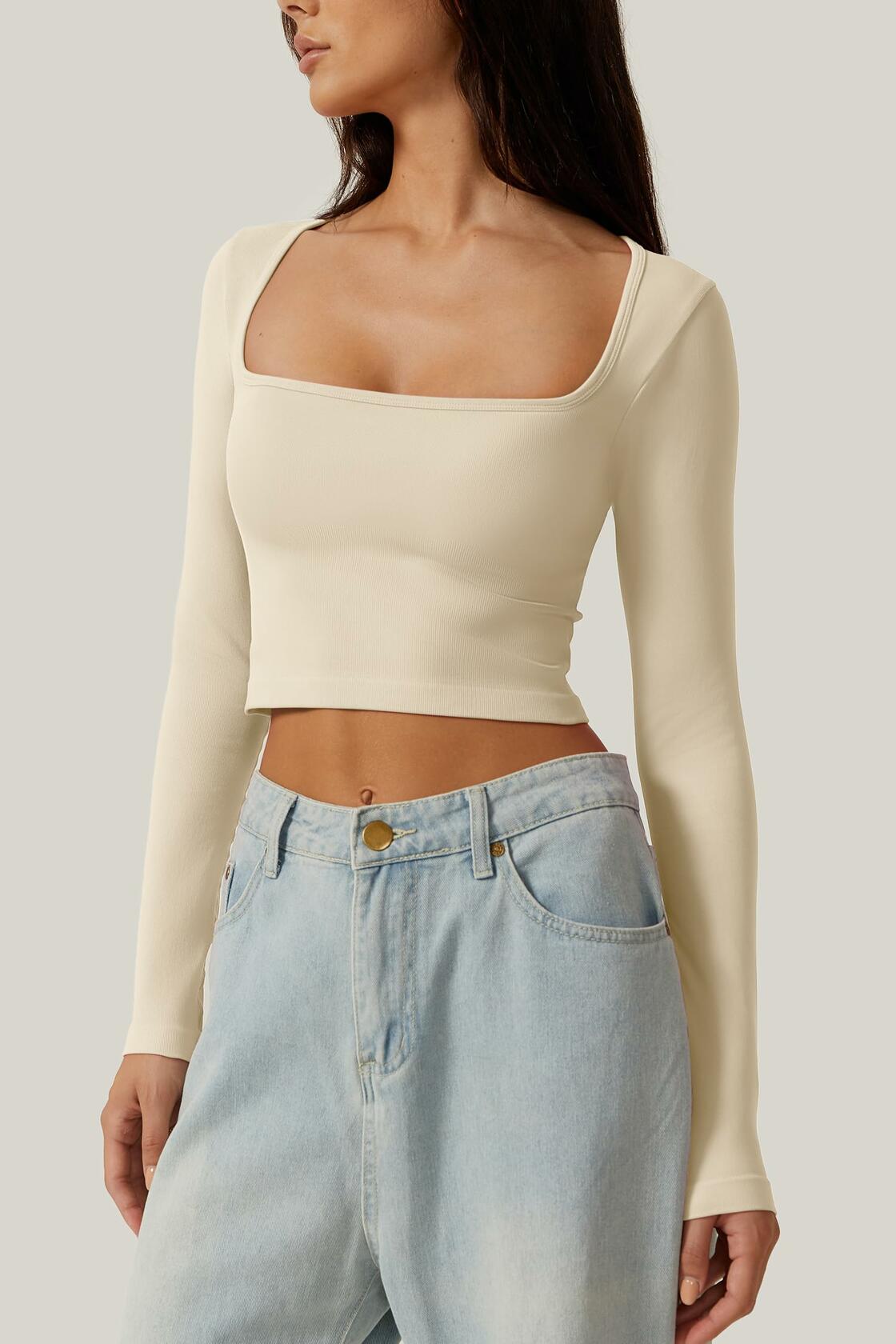 Meyeeka Womens Crop Top Long Sleeve Square Neck Beige Size M