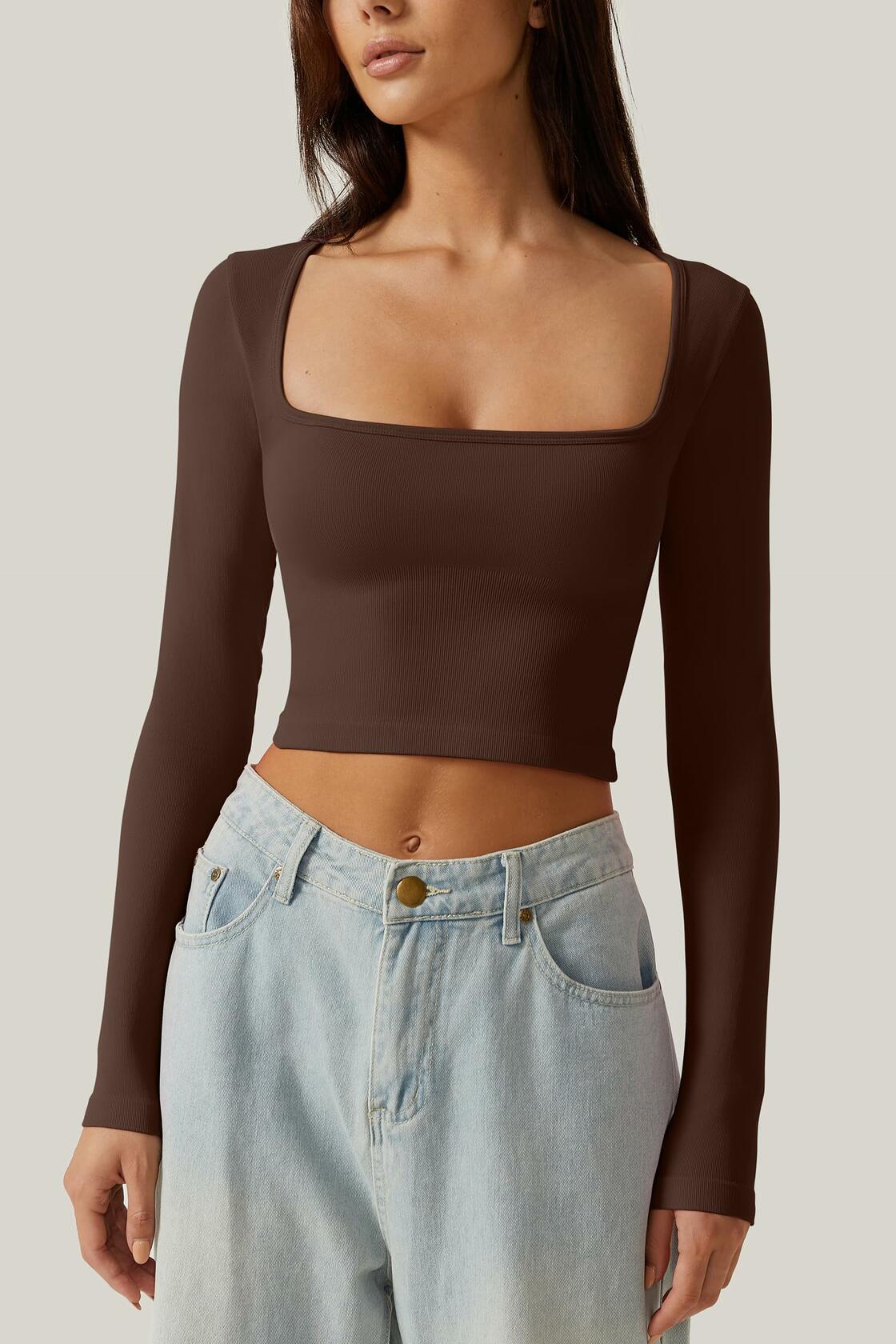 Meyeeka Women's Cinnamon Seamless Cropped Yoga Top Long Sleeve Square Neck - L