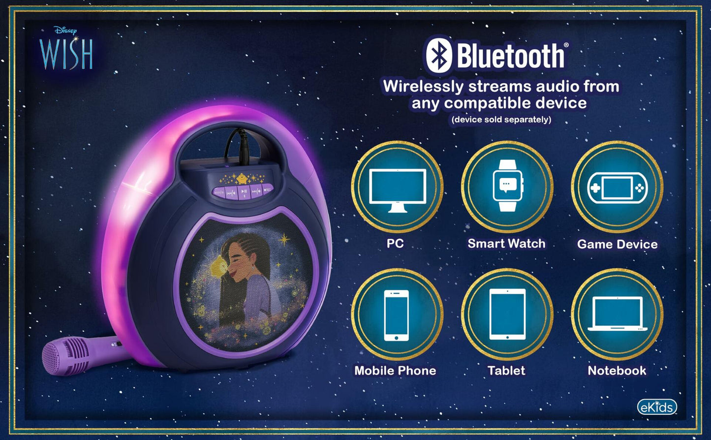 eKids Disney Wish Karaoke Machine Bluetooth Speaker with Mic for Kids