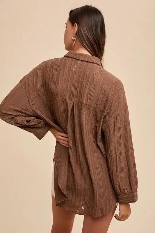 Shirts Trendsi Openwork Shirt Women's Casual Button-Up Top Lightweight, Drop Shoulder
