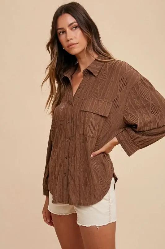 Shirts Trendsi Openwork Shirt Women's Casual Button-Up Top Lightweight, Drop Shoulder
