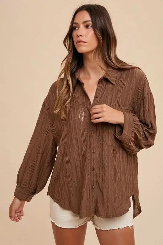 Shirts Trendsi Openwork Shirt Women's Casual Button-Up Top Lightweight, Drop Shoulder