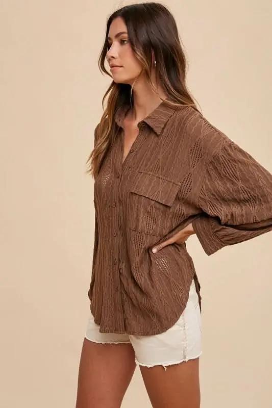 Shirts Trendsi Openwork Shirt Women's Casual Button-Up Top Lightweight, Drop Shoulder