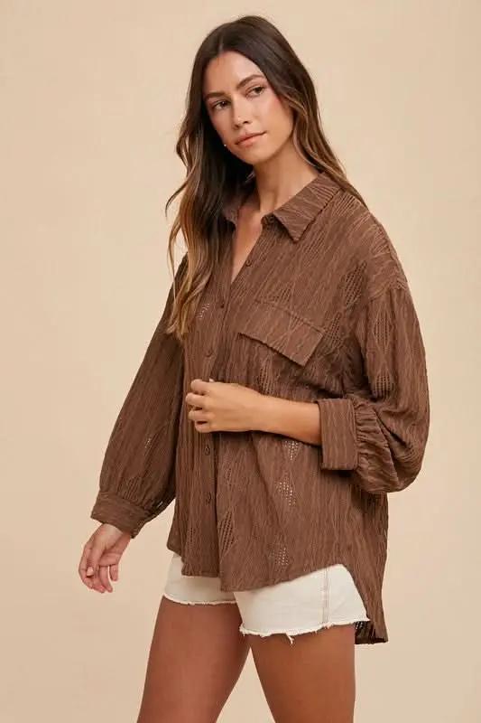 Shirts Trendsi Openwork Shirt Women's Casual Button-Up Top Lightweight, Drop Shoulder