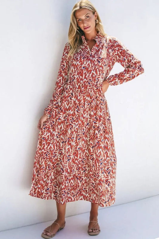 Vestido Love Salve Naranja Abstracto Vestido Midi Bohemio Diario para Mujer - Cuello en V y Cintura Alta