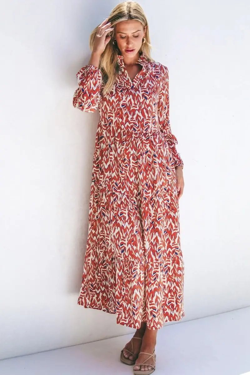 Dresses Love Salve Orange Abstract Dress Women's Daily Bohemian Midi Dress - V Neck & High Waist
