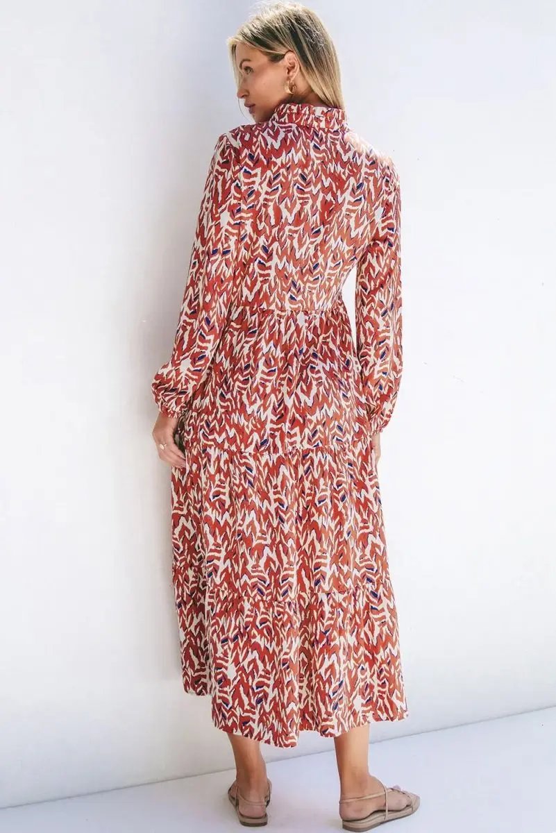 Dresses Love Salve Orange Abstract Dress Women's Daily Bohemian Midi Dress - V Neck & High Waist