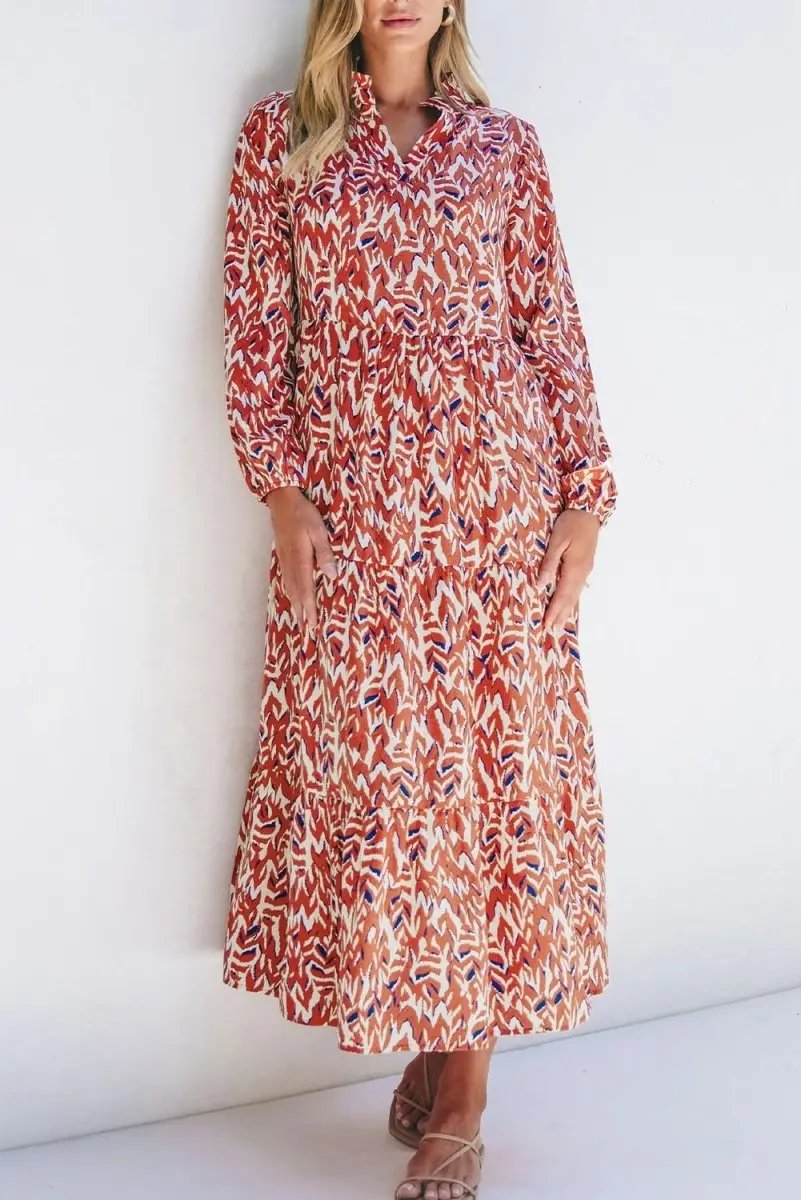 Dresses Love Salve Orange Abstract Dress Women's Daily Bohemian Midi Dress - V Neck & High Waist
