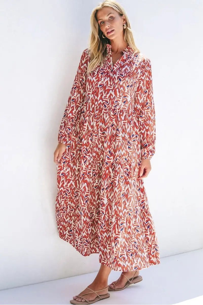 Dresses Love Salve Orange Abstract Dress Women's Daily Bohemian Midi Dress - V Neck & High Waist