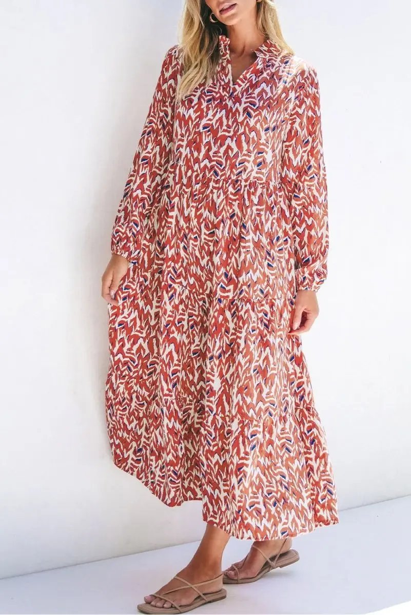 Dresses Love Salve Orange Abstract Dress Women's Daily Bohemian Midi Dress - V Neck & High Waist