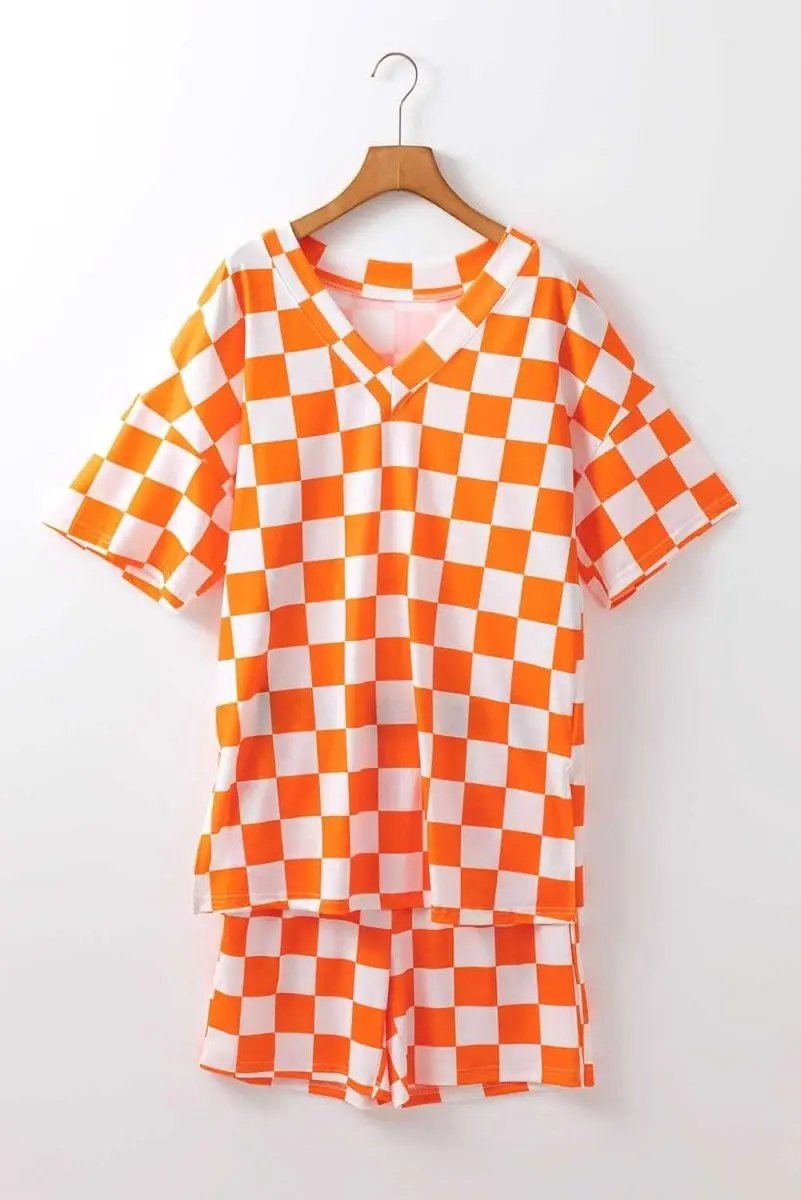 T-Shirts Love Salve Orange Checkerboard Women's Lounge Set Home Casual Comfy Short Set