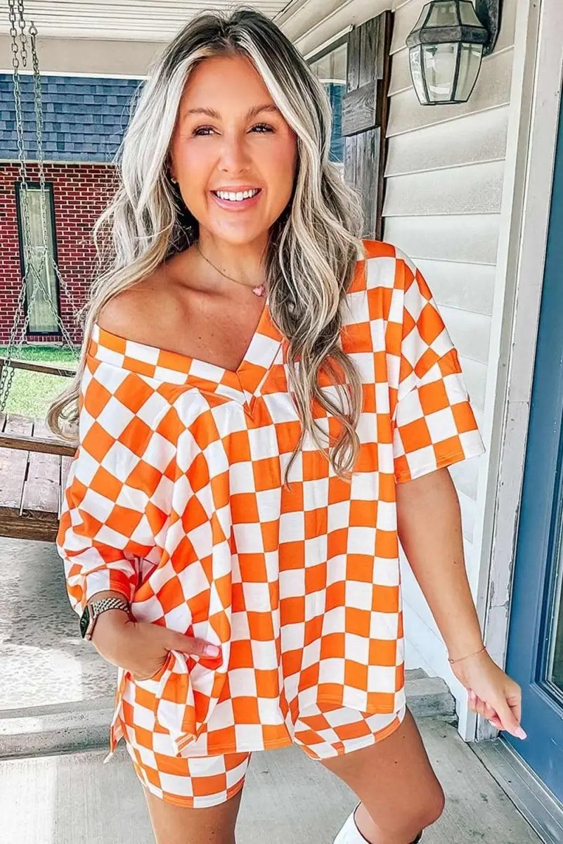 T-Shirts Love Salve Orange Checkerboard Women's Lounge Set Home Casual Comfy Short Set