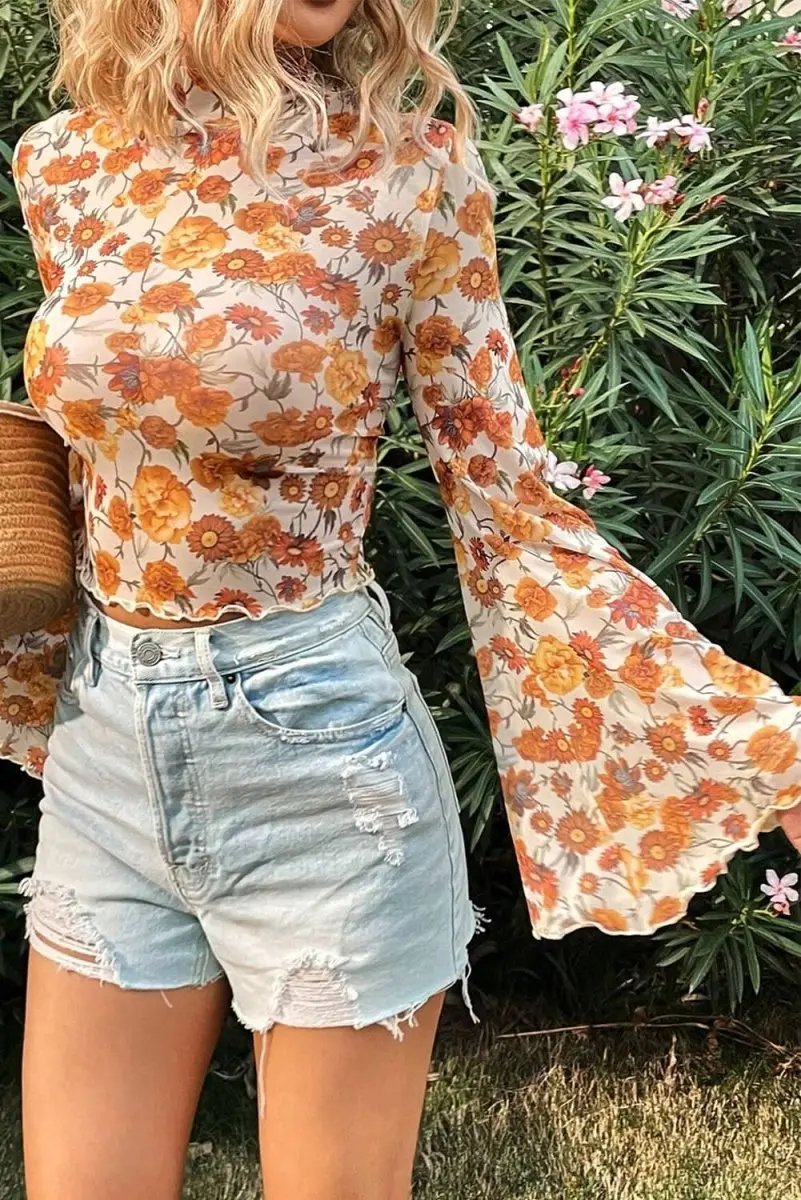 Tops/Blouses & Shirts Love Salve Orange Floral Blouse Vacation Spring Women's Top Southern Belle Style