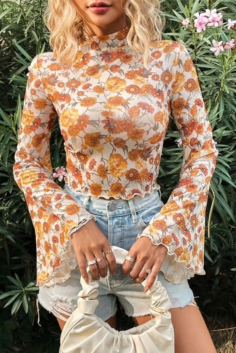 Tops/Blouses & Shirts Love Salve Orange Floral Blouse Vacation Spring Women's Top Southern Belle Style