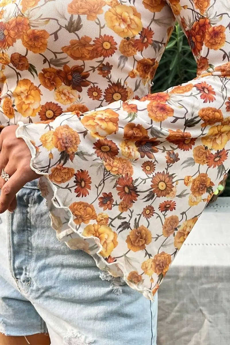 Tops/Blouses & Shirts Love Salve Orange Floral Blouse Vacation Spring Women's Top Southern Belle Style