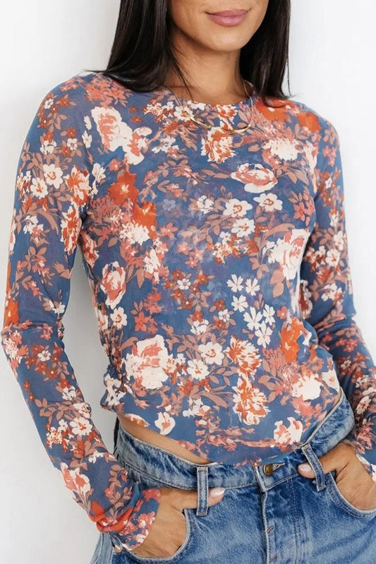 Accessories Love Salve Floral Mesh Top Women's Daily Wear Long Sleeve Sheer Fitted Shirt