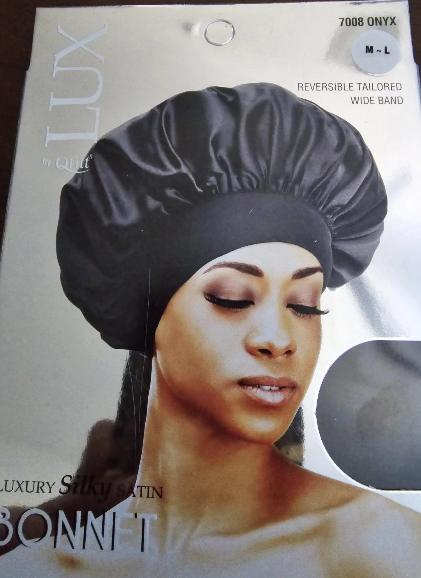 Lux by Qfitt Silky Satin Bonnet 7008, Onyx, Medium-Large
