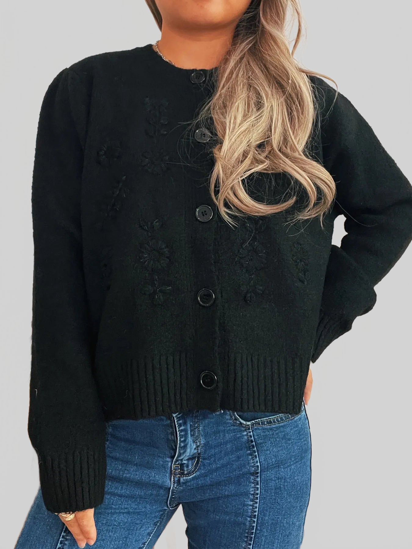 Cárdigan con botones, dobladillo acanalado y diseño floral