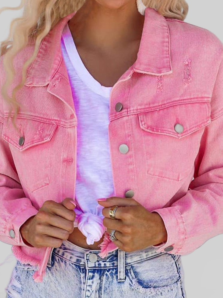Women Distressed Raw Hem Dropped Shoulder Denim Jacket