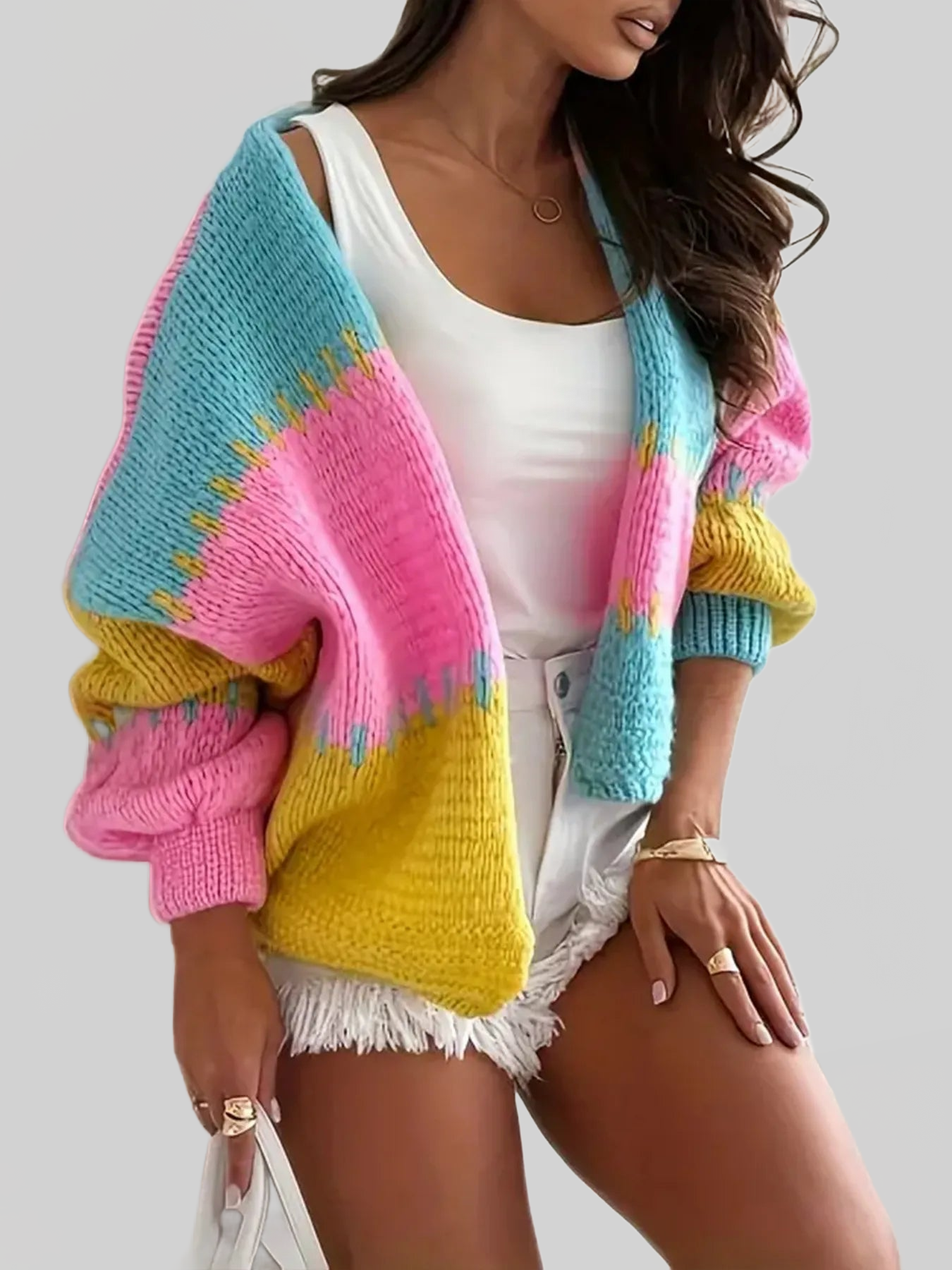 Women Color Block Drop Shoulder Cardigan Sweater
