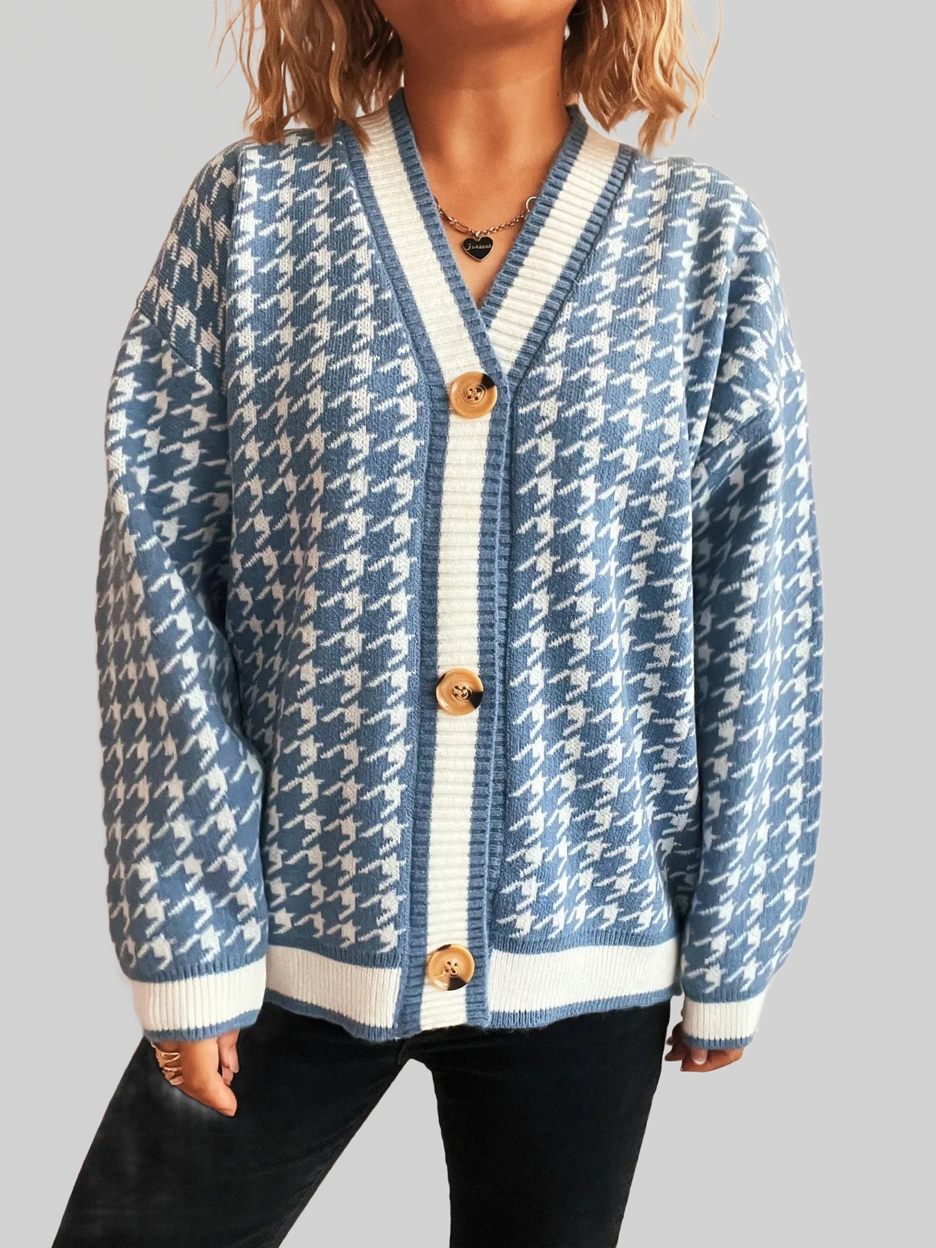 Cárdigan de punto con cuello en V y botones con estampado de pata de gallo para mujer