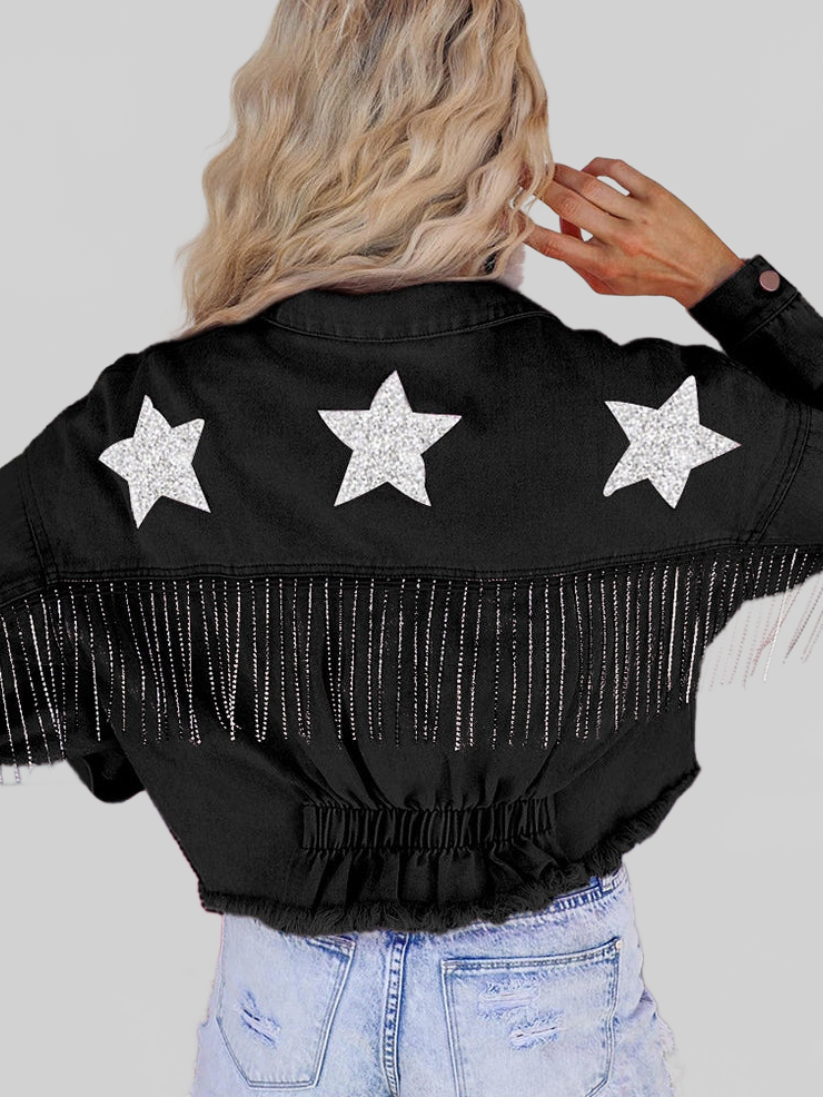 Women Distressed Raw Hem Dropped Shoulder Denim Jacket