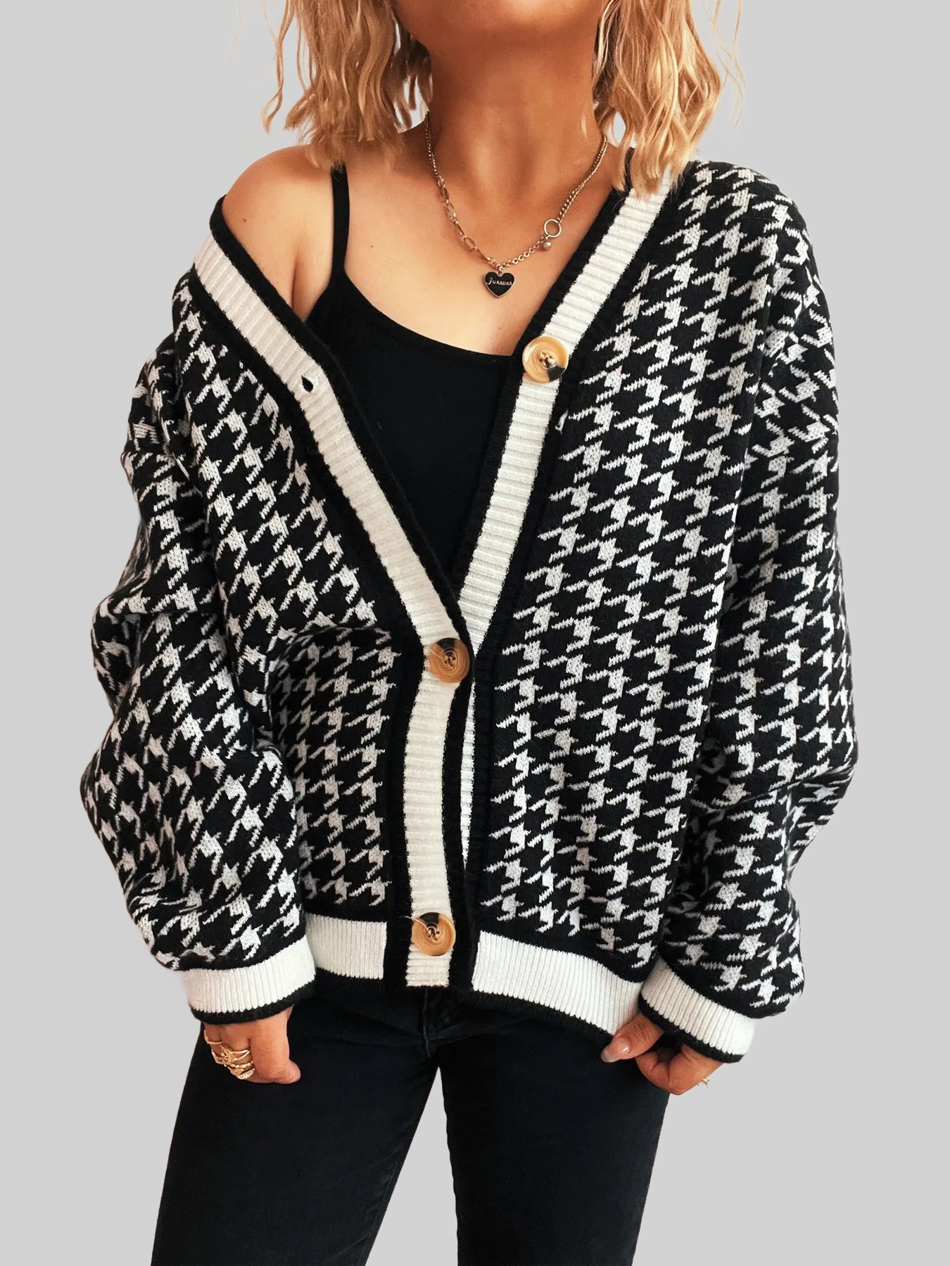 Cárdigan de punto con cuello en V y botones con estampado de pata de gallo para mujer
