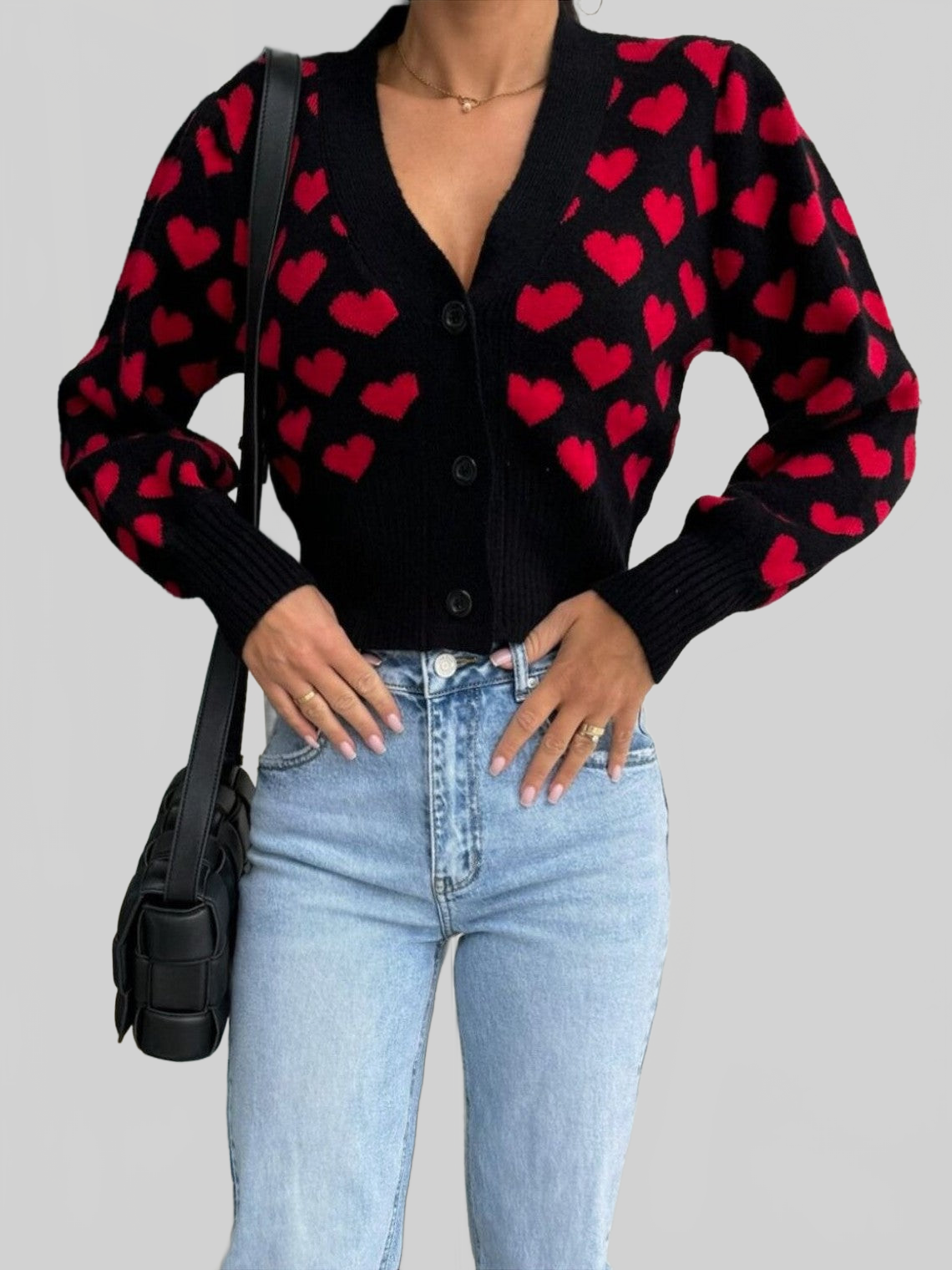 Women Valentine’s Day Heart V-Neck Cropped Cardigan