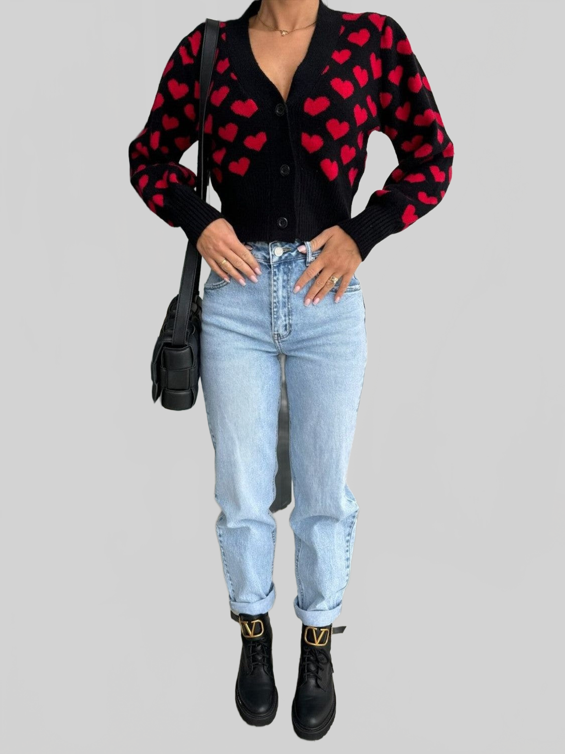 Women Valentine’s Day Heart V-Neck Cropped Cardigan