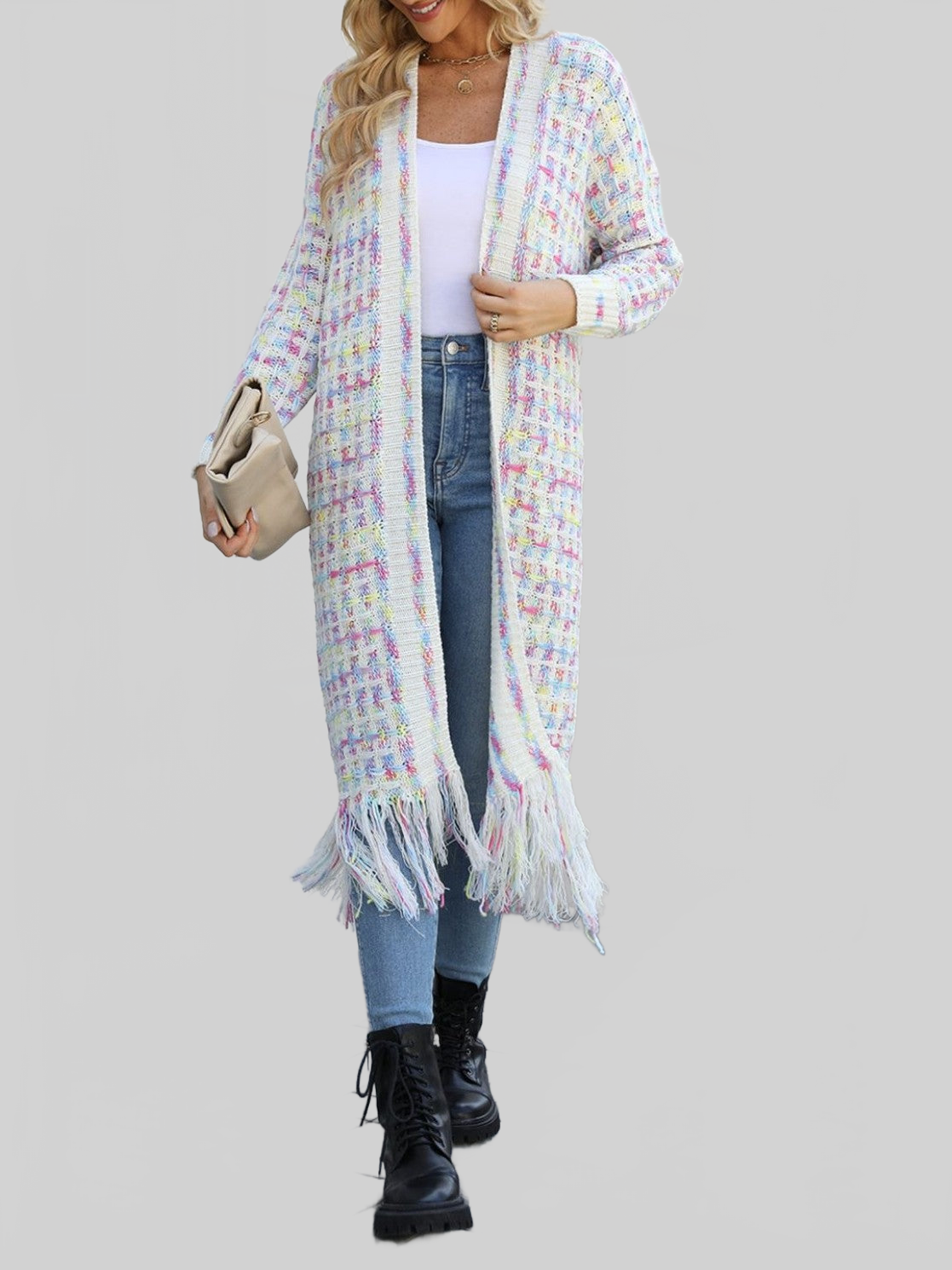 Women's Open Front Fringe Hem Cardigan Sweater