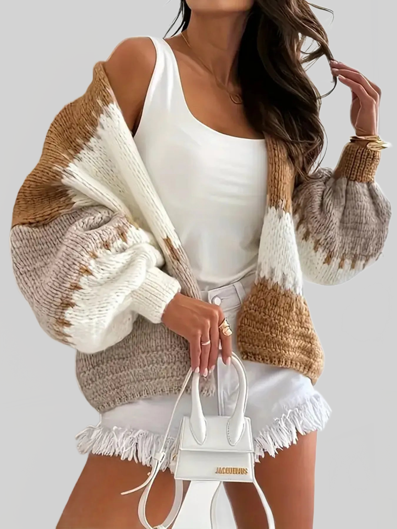 Women Color Block Drop Shoulder Cardigan Sweater